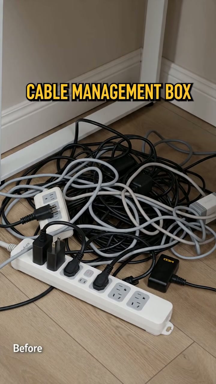 Before: a knot of cables and a power strip on show