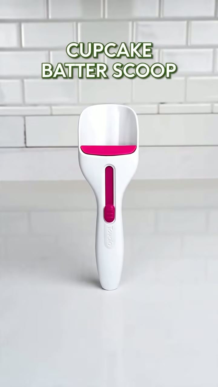 A spring-loaded scoop that portions cake and cupcake batter