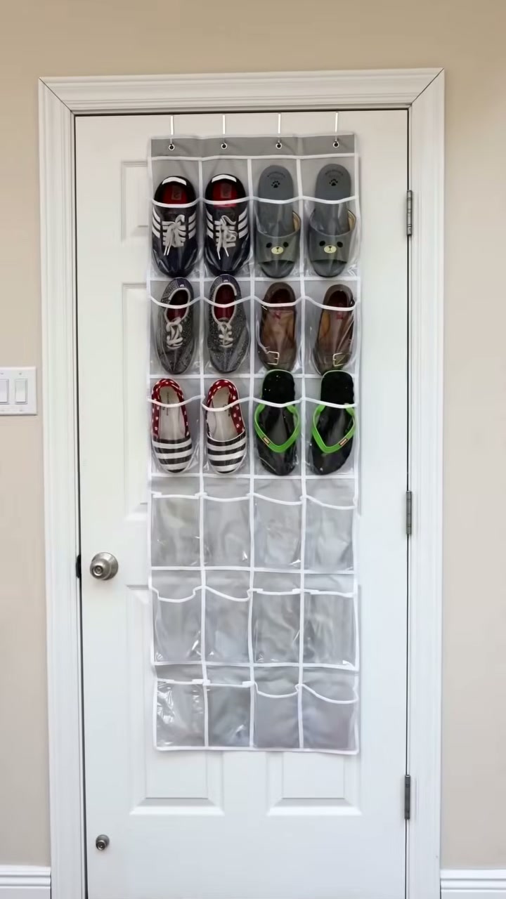 An over-door organiser with 24 clear shoe pockets