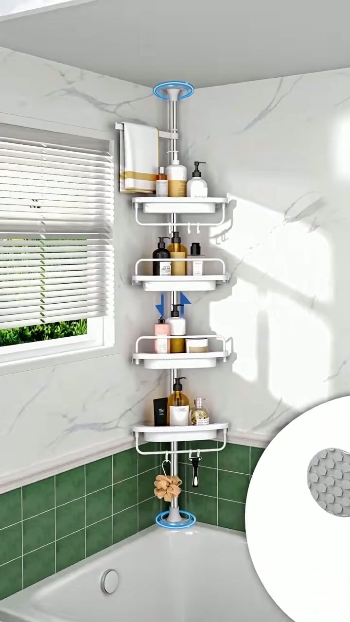 A four-tier corner caddy on a floor-to-ceiling tension pole