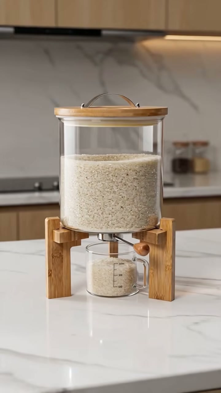 A sealed glass dispenser that holds up to 5 lb of rice