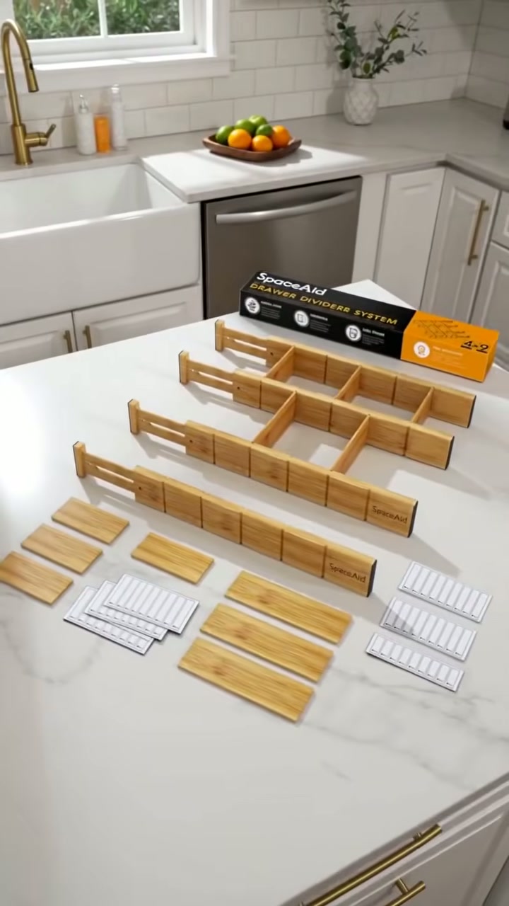An expandable set of bamboo drawer dividers and trays