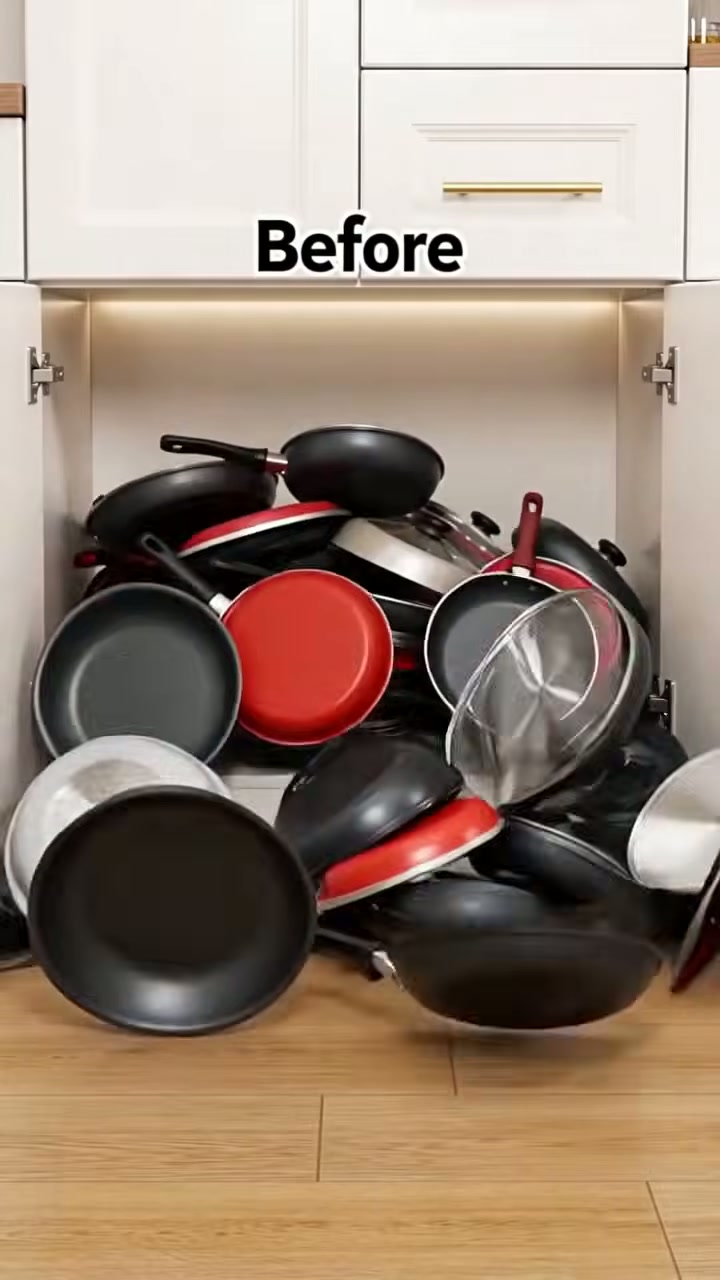 Before: lids and pans avalanching out of the cabinet