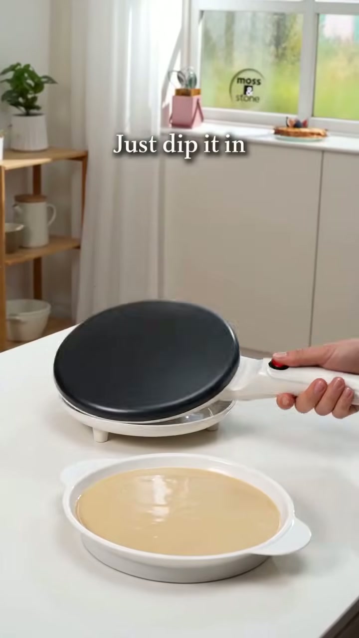 Dip the heated plate straight into the batter — no pouring or spreading