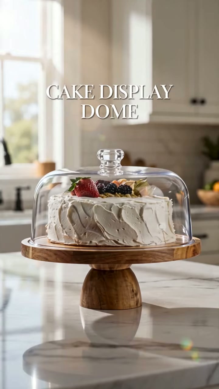 A wooden stand with a clear acrylic dome to display and store cakes