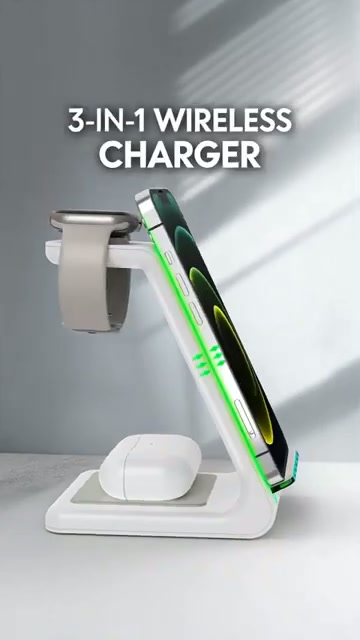 Phone, watch and AirPods all charging on one stand