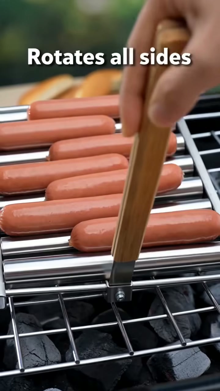 Roll the handle and the rollers turn the sausages so every side browns