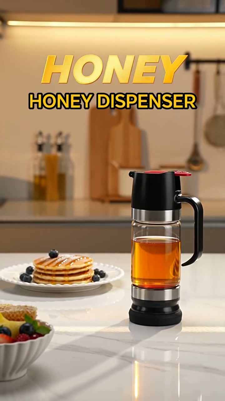 A glass dispenser that stores honey and pours it on demand