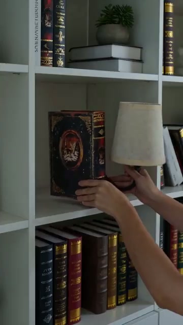 Bookshelf LED lamp lighting a styled shelf display